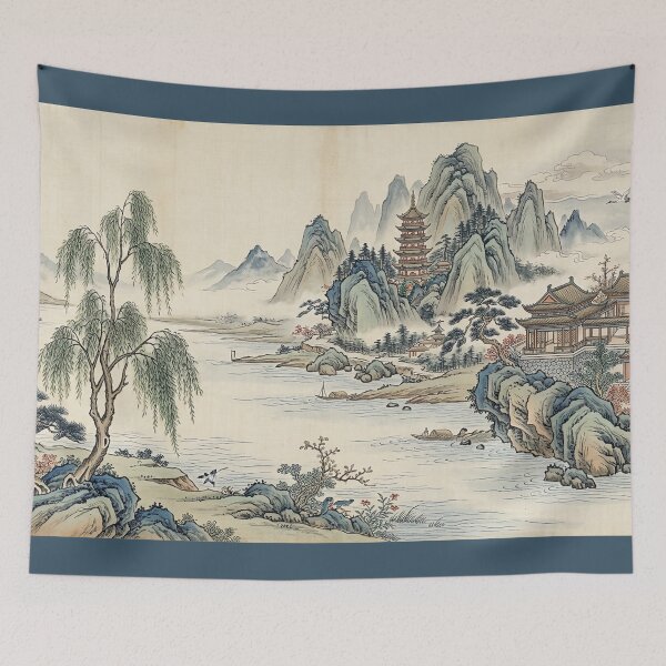 Item preview, Vintage Chinoiserie Mountain & River Flow through designed and sold by PixDezines.