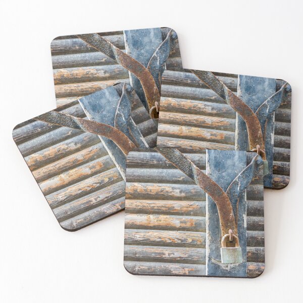 Item preview, Rusty Padlock Securing Weathered Wooden Shutters On Old Vintage Door With Peeling Paint designed and sold by Nmallia.