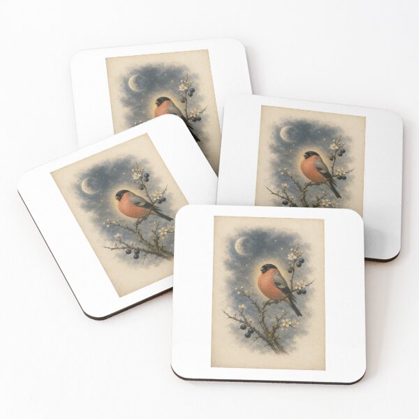 Item preview, Bullfinch & Blackthorn | Moonlit Winter Woodland Bird Art | Birdwatcher Gift designed and sold by Brackenlume Studio.