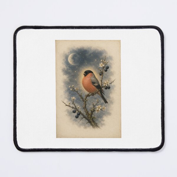 Item preview, Bullfinch & Blackthorn | Moonlit Winter Woodland Bird Art | Birdwatcher Gift designed and sold by Brackenlume Studio.