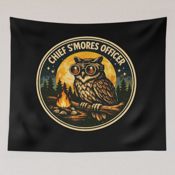 Item preview, Chief S’mores Officer – Retro Owl Campfire Moon Badge designed and sold by Timeless Junction.