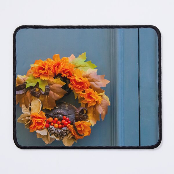 Item preview, Autumn Wreath With Orange Flowers and Berries on Blue Front Door for Seasonal Decor designed and sold by Nmallia.