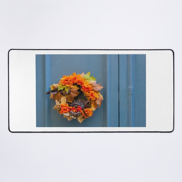 Item preview, Autumn Wreath With Orange Flowers and Berries on Blue Front Door for Seasonal Decor designed and sold by Nmallia.