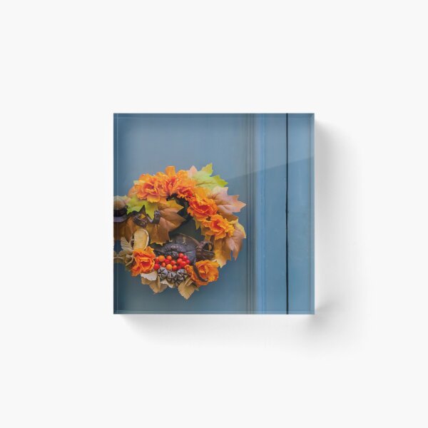 Item preview, Autumn Wreath With Orange Flowers and Berries on Blue Front Door for Seasonal Decor designed and sold by Nmallia.