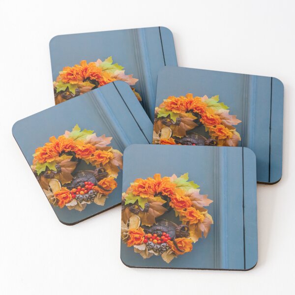 Item preview, Autumn Wreath With Orange Flowers and Berries on Blue Front Door for Seasonal Decor designed and sold by Nmallia.