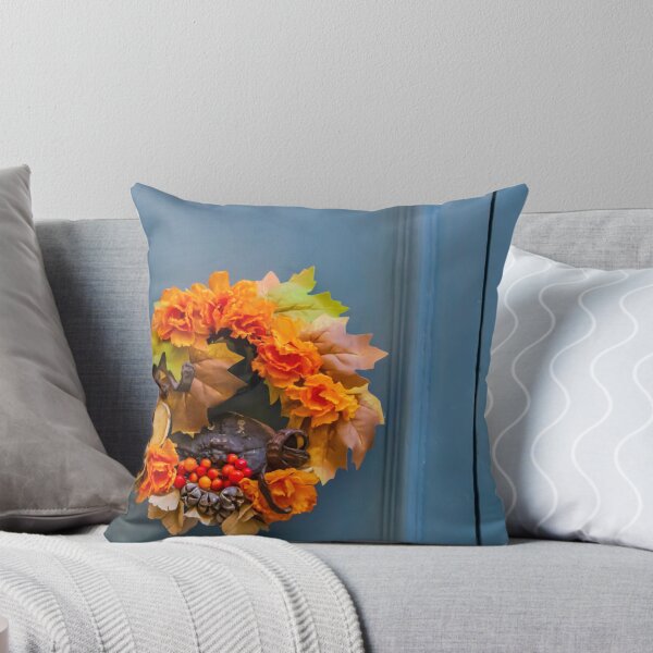 Item preview, Autumn Wreath With Orange Flowers and Berries on Blue Front Door for Seasonal Decor designed and sold by Nmallia.