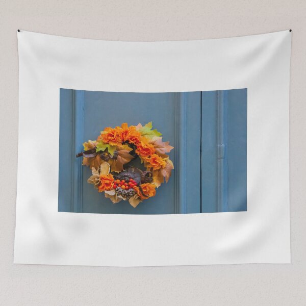 Item preview, Autumn Wreath With Orange Flowers and Berries on Blue Front Door for Seasonal Decor designed and sold by Nmallia.