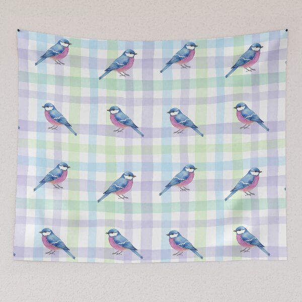 Item preview, Blue Pink Songbird on Pastel Plaid Grid designed and sold by wissal.studio.