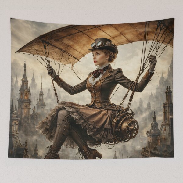 Item preview, Steampunk Flying Woman – Victorian Glider Adventure Fantasy Print designed and sold by Kaleidoscope Print.