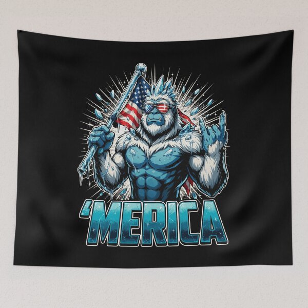 Item preview, 'Merica Icy Yeti Bigfoot Rock On Flag Design v5 designed and sold by DarylWelsh2024.