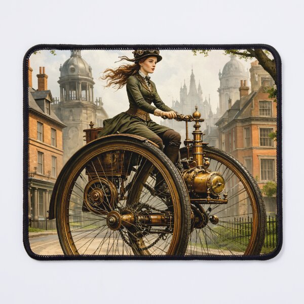 Item preview, Steampunk Woman on Giant Penny Farthing – Victorian Bicycle Adventure Print designed and sold by Kaleidoscope Print.