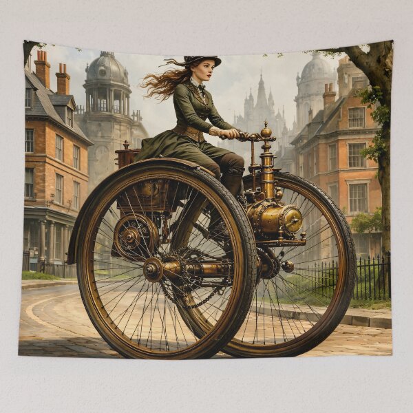 Item preview, Steampunk Woman on Giant Penny Farthing – Victorian Bicycle Adventure Print designed and sold by Kaleidoscope Print.