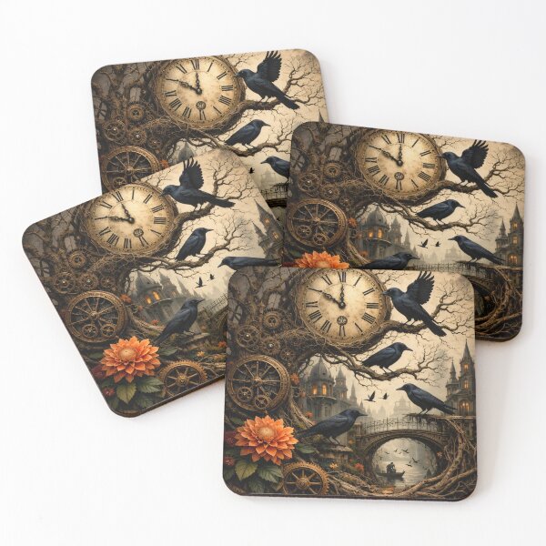Item preview, Gothic Ravens and Antique Clock – Dark Steampunk Clockwork Fantasy Print designed and sold by Kaleidoscope Print.