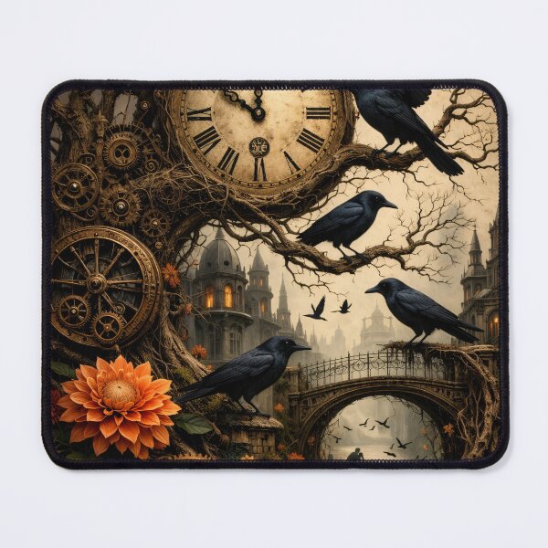 Item preview, Gothic Ravens and Antique Clock – Dark Steampunk Clockwork Fantasy Print designed and sold by Kaleidoscope Print.