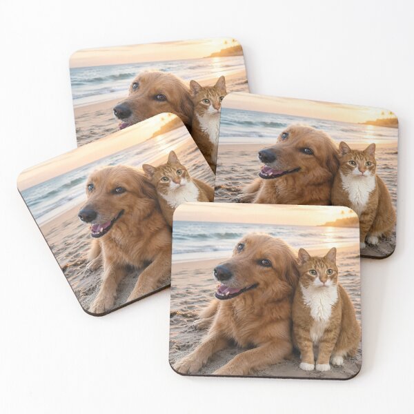 Item preview, Golden Retriever and Ginger Cat Best Friends at Sunset Beach designed and sold by SellingWSarah17.