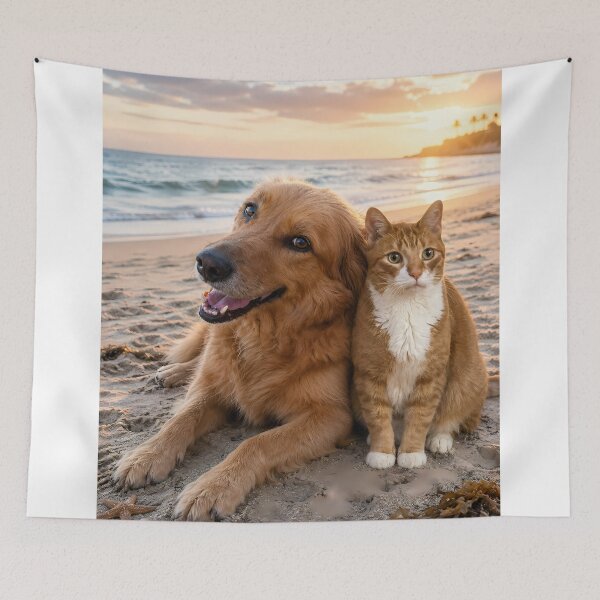 Item preview, Golden Retriever and Ginger Cat Best Friends at Sunset Beach designed and sold by SellingWSarah17.