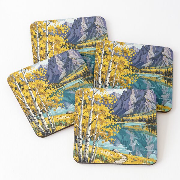 Item preview, Mountain landscape with golden birches and mountain lake designed and sold by VoidVeilStudio.