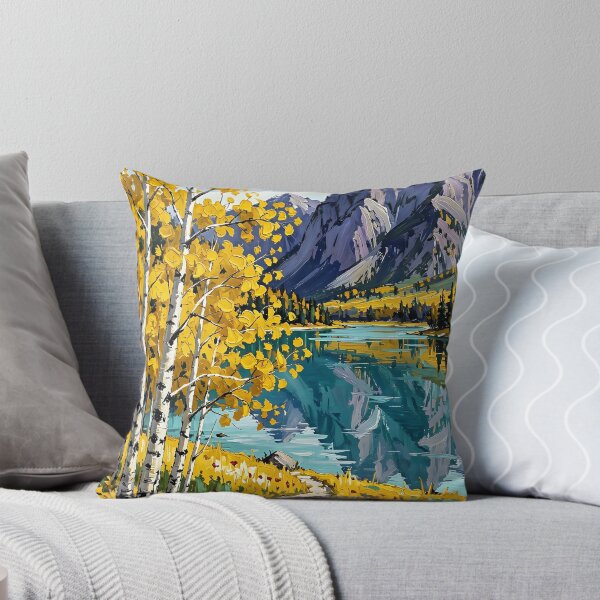 Item preview, Mountain landscape with golden birches and mountain lake designed and sold by VoidVeilStudio.