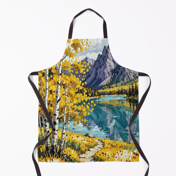 Item preview, Mountain landscape with golden birches and mountain lake designed and sold by VoidVeilStudio.