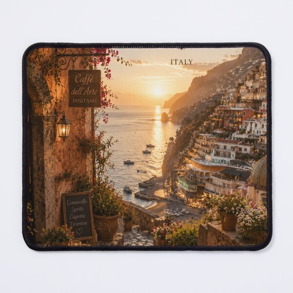 Item preview, Beneath Golden Cliffs – Positano Italy Travel Poster | Amalfi Coast Sunset Wall Art | Mediterranean Coastal Print designed and sold by Inkora-Art.