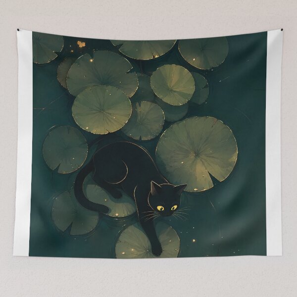 Item preview, Black Cat Playing on a Lotus Pad at Night designed and sold by PurrfectHome.