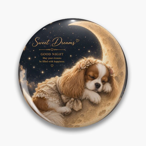 Item preview, Sleeping Cavalier King Charles Spaniel on Crescent Moon, Sweet Dreams Night Sky, Cozy Puppy Fantasy Art designed and sold by ManJiangHong.
