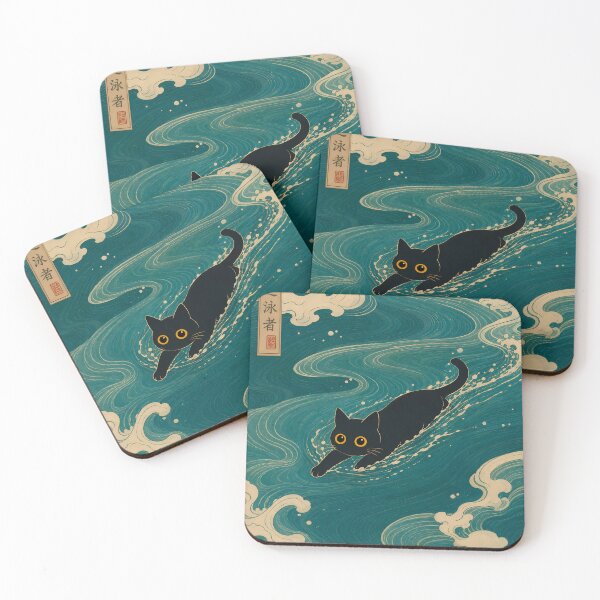Item preview, Ukiyo-e Swimming Black Cat Vintage Japanese Wave designed and sold by PurrfectHome.