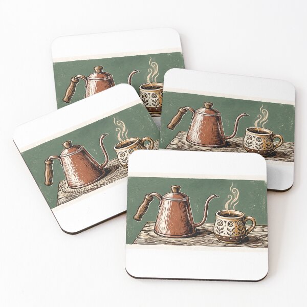 Item preview, Rustic Linocut Print Coffee Kettle and Mug Vintage Art designed and sold by MissoStudio.