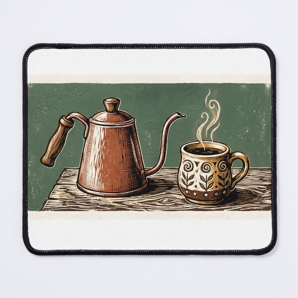 Item preview, Rustic Linocut Print Coffee Kettle and Mug Vintage Art designed and sold by MissoStudio.
