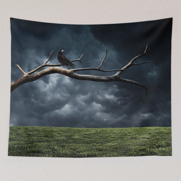 Item preview, gothic raven on bare branch stormy landscape  designed and sold by FahdSpaceArt.