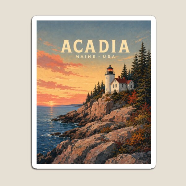 Item preview, Acadia National Park Retro Travel Poster – Bass Harbor Lighthouse Maine Wall Art designed and sold by PopChaosStudio.
