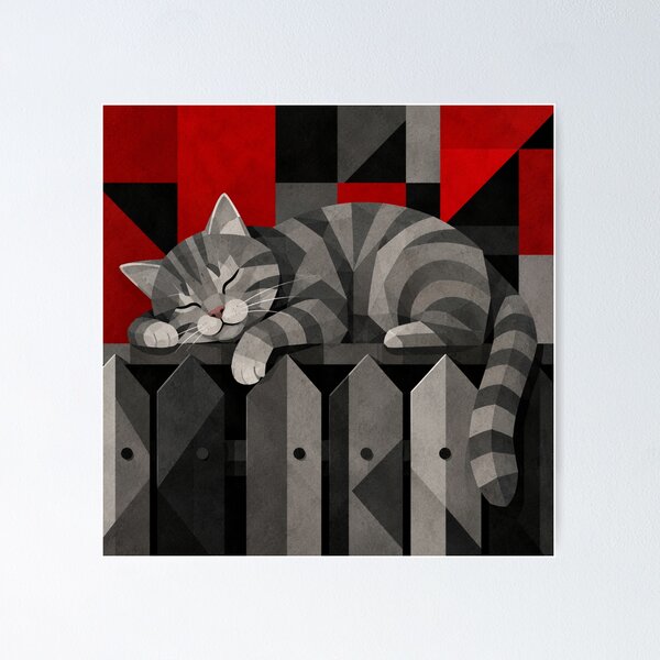 Item preview, Alley Gray Stripes Cat Sleeping Atop a Street Fence designed and sold by Mindworx21.