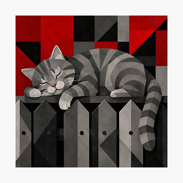 Item preview, Alley Gray Stripes Cat Sleeping Atop a Street Fence designed and sold by Mindworx21.