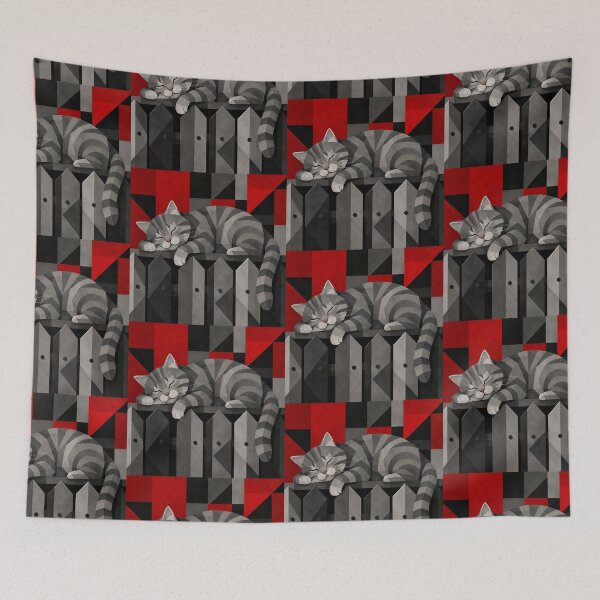 Item preview, Alley Gray Stripes Cat Sleeping Atop a Street Fence designed and sold by Mindworx21.
