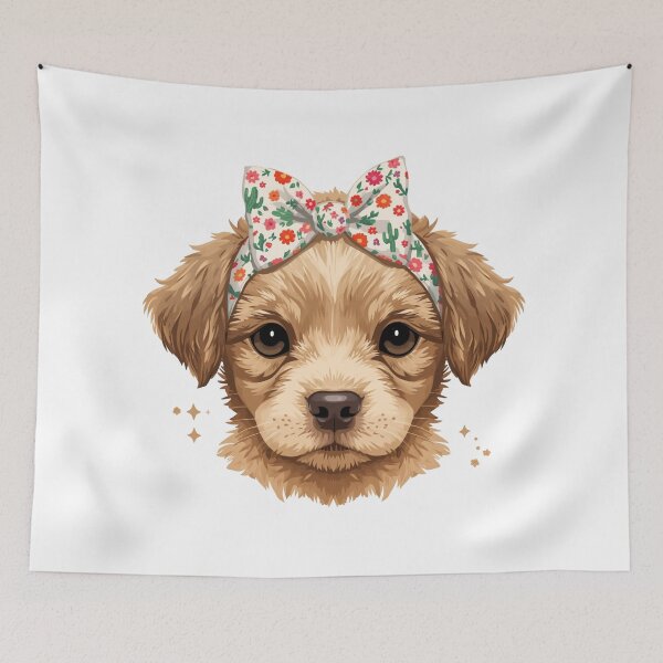 Item preview, Cute Golden Puppy Wildflower Cactus Bow Portrait designed and sold by Oddifys.