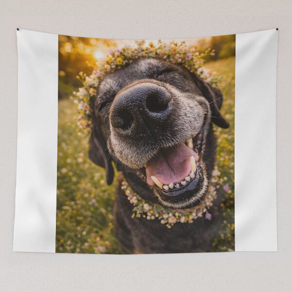 Item preview, Happy dog with flower wreath at sunset designed and sold by Fotografin1981.