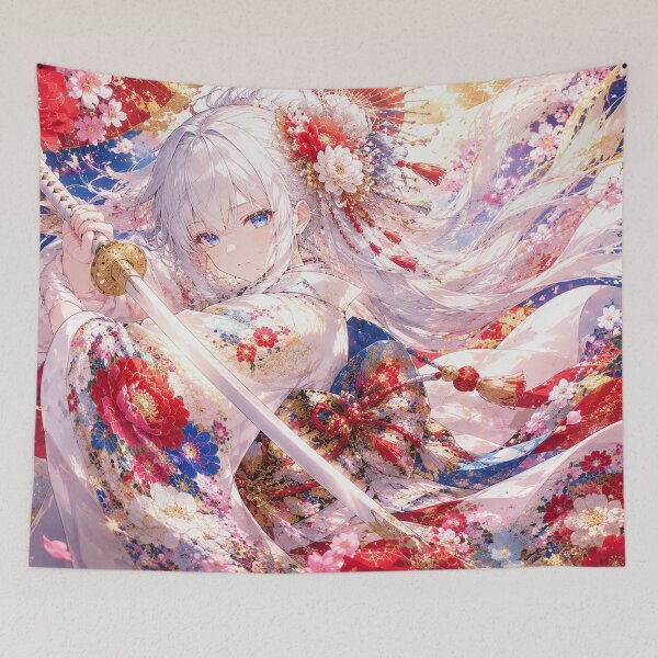 Item preview, Japanese Kimono Anime Girl Lying Down with Katana and Sakura designed and sold by Japan-kanji-ya.