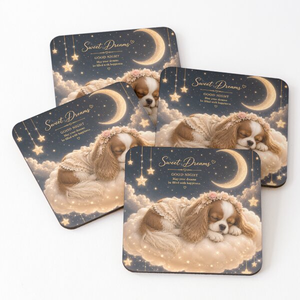 Item preview, Sleeping Cavalier King Charles Spaniel on Cloud Bed, Sweet Dreams Night Sky, Cozy Puppy Fantasy Art designed and sold by ManJiangHong.