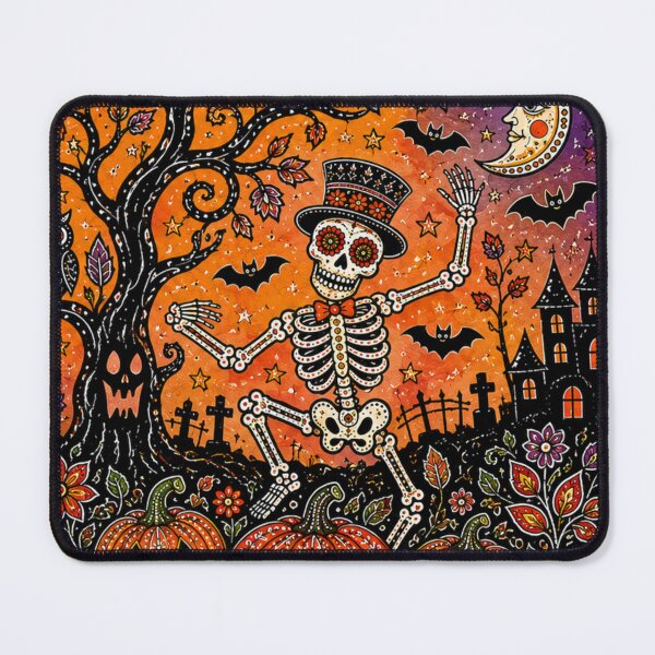 Item preview, A playful skeleton and pumpkin Halloween illustration in colorful folk style designed and sold by Ink Matrix.