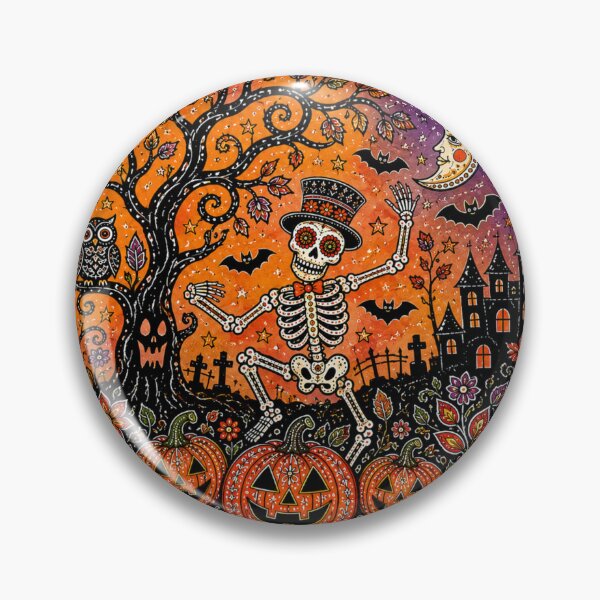 Item preview, A playful skeleton and pumpkin Halloween illustration in colorful folk style designed and sold by Ink Matrix.