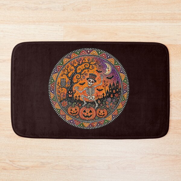 Item preview, A playful skeleton and pumpkin Halloween illustration in colorful folk style designed and sold by Ink Matrix.