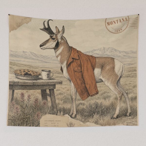 Item preview, Vintage Montana Pronghorn Enjoying A Rustic Prairie Picnic designed and sold by CoffeeinBloom.