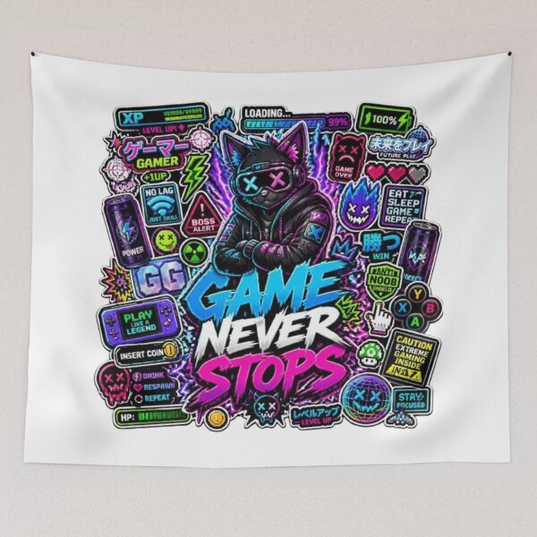 Item preview, Game Never Stops - Retro Arcade Gaming Design | Neon Gamer Sticker | RGB Gaming Room Decor designed and sold by Stylestickers55.