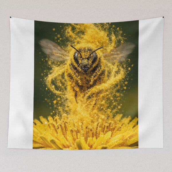Item preview, Bee in flight with a golden pollen cloud on a dandelion designed and sold by Fotografin1981.