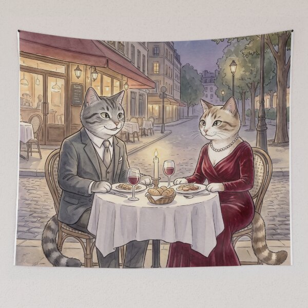 Item preview, Romantic date of cats in a Parisian cafe, watercolor illustration of cats in love designed and sold by TheCoolCatsMx.