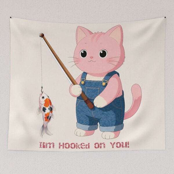 Item preview, Cute Pink Cat Fishing a Koi Fish Cartoon designed and sold by BLUESKY11a.