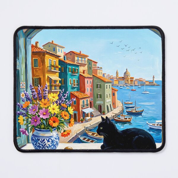 Item preview, Black Cat Mediterranean Window View Art designed and sold by Timegraf.