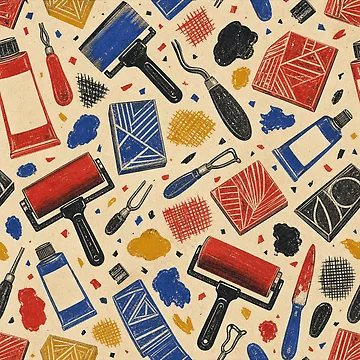 Artwork thumbnail, Printmaking Workbench Linocut Pattern by VerdantStudio