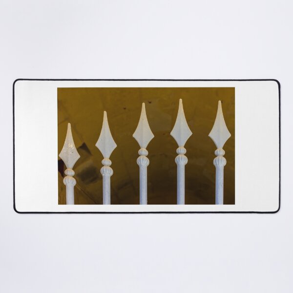 Item preview, Decorative Wrought Iron Fence Spikes Close-Up With Vintage Painted Metal Railing and Architectural Detail designed and sold by Nmallia.