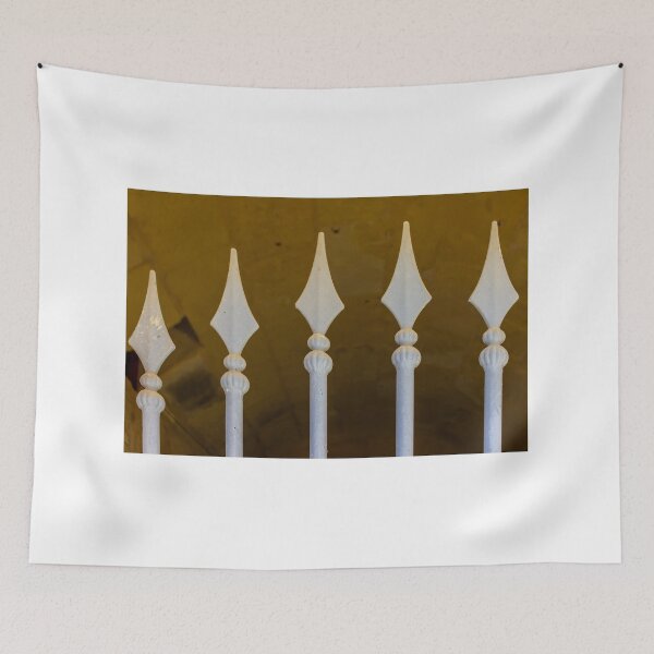 Item preview, Decorative Wrought Iron Fence Spikes Close-Up With Vintage Painted Metal Railing and Architectural Detail designed and sold by Nmallia.